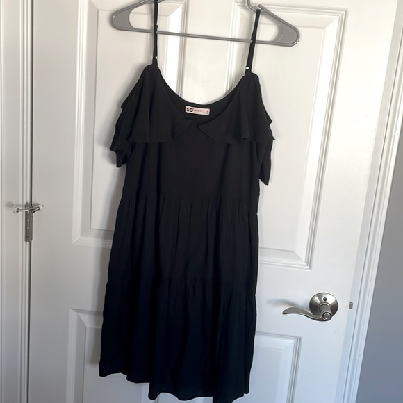 Black Spaghetti Strap Dress with Open Shoulder Frill Sleeves - Picture 1 of 7